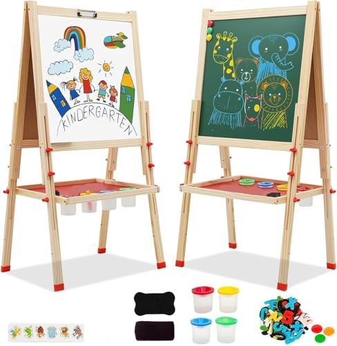 Nukdey Kids Easel Wooden Art Easel Double Sided Easel with Whiteboard Chalkboard Height Adjustable Standing Toddler Easel with Painting Accessories Education Gift for Boys Girls