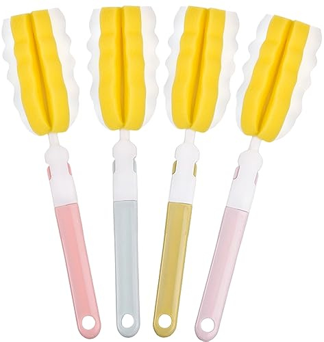 INVODA Bottle Brush Long Handle Cup Cleaner Brush Sponge Bottle Scrubber Detachable Handle Portable Sponge Cleaning Brush for Baby Bottle Dishwashing Kitchen Clean Glasses Mugs (4 PCS)