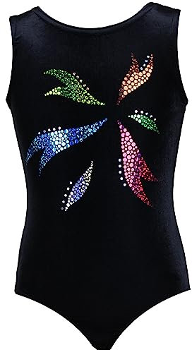 GymStern Gymnastikanzug Sterne Lycra Mädchen Turnanzug Kurzarm Kinder Turnbody kurzärmlich, Größe:170/176, Farbe: SAMT SCHWARZ FLORA