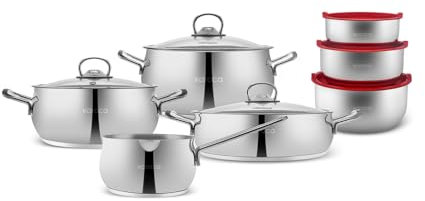 Karaca Stahl Kochgeschirr Set mit Vorratsbehälter, 13-teilig - Hochwertiges Edelstahl-Kochset für Küche, Braten, Kochen und Aufbewahrung