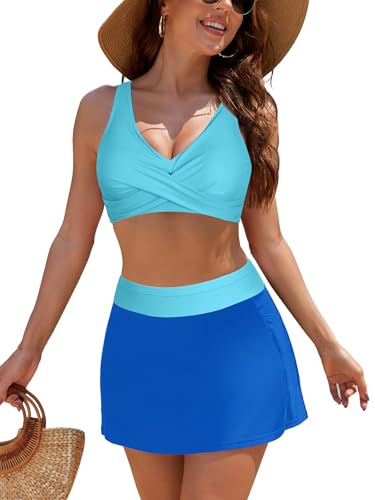 SHEKINI Bikini da donna a vita alta, set Twist Front due pezzi gonna costumi da bagno con tasche, Cielo blu+verde, M