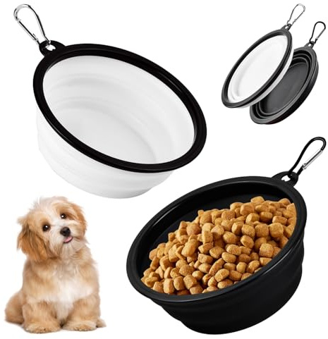 Anseom 2 Piezas Cuencos Plegables para Perros Portatil Cuencos para Mascotas Silicona Bebedero Perro con Mosquetón para Gatos Perros y Mascotas para Excursiones o Viajes (650ml Blanco y Negro)