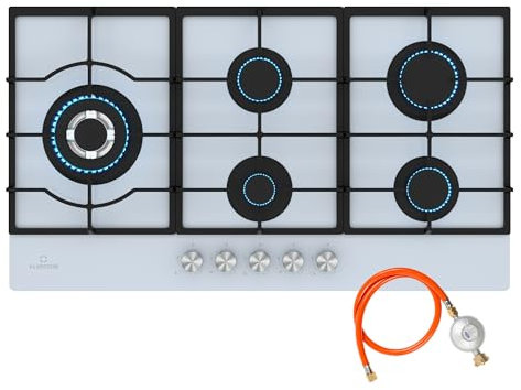 Klarstein Ignito Placa de Gas, 5 Quemadores Sabaf, 3.6kW-1kW, Cristal Templado, Encendido Eléctrico, Apta para Woks, Gas Natural/GLP, 90x5x51cm, Encimera Gas