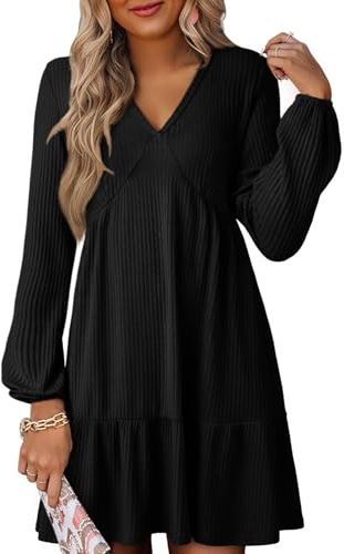 Dokotoo Spring Dresses for Women V Neck Ribbed Knit Texture Empire Waist Long Sleeve Dress Swing Flared Ruffle Cute Casual Womens Summer Dresses Wedding Guest Party Short Mini Dress Black Small