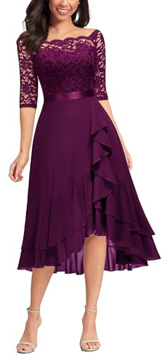 MIUSOL Women's Elegant Lace Chiffon 2/3 Sleeve Off-Shoulder Cocktail Ball Bridesmaid Patry Swing Midi Dress (Medium, Double Hem-Maroon)