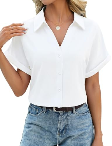 CMTOP Chemisier Femme Été Manche Courte Col en V Chemise Boutons Top Chic et Elégant Couleur Unie Lâches Hauts Décontractés de Tshirt Blouses (Blanc, L)