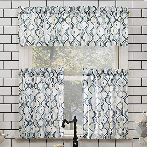 No. 918 Barker Geometric Semi-Sheer Rod Pocket Kitchen Curtain Valance and Tiers Set, 54 x 36, White