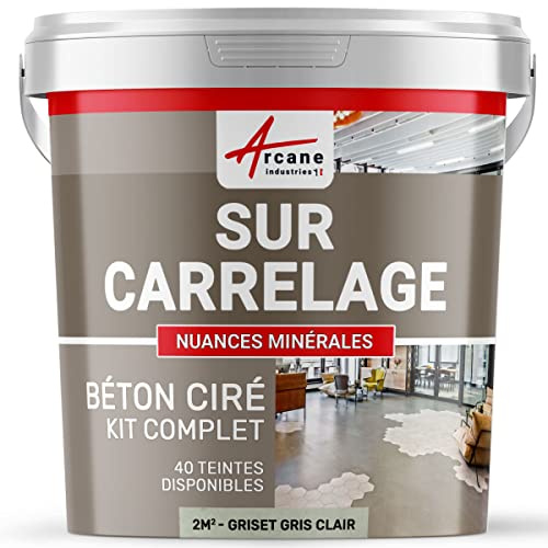 Béton ciré sur carrelage, cuisine, salle de bain, mural, sol, plan de travail, revêtement décoratif douche en kit - 2 m² (en 2 couches) Griset Gris Clair - ARCANE INDUSTRIES