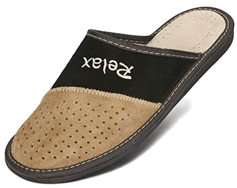 BeComfy Chaussons Homme Cuir VIP Pantoufles Hommes Confort Maison King Dad Supermen Relax 40-46 EU (Noir Beige, Système Taille Chaussures EU, Adulte, Numérique, Moyen, 42)