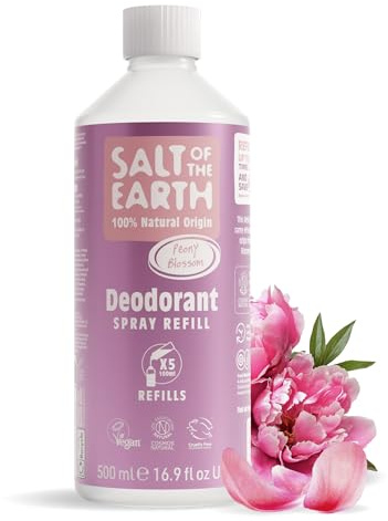 Salt of the Earth – Påfyllning till naturlig deodorantspray | Pionblomma 500ml påse – 5 påfyllningar för sprayflaska, långvarigt skydd och vegansk formula, 100% naturligt ursprung