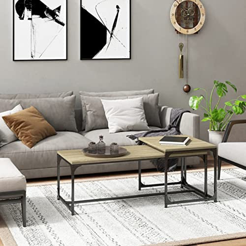 Homgoday Couchtische 2 Stück Sonoma Eiche aus mehrschichtigem Holz, Couchtisch, Wohnzimmertisch, Tisch für Büro Schlafzimmer Garten