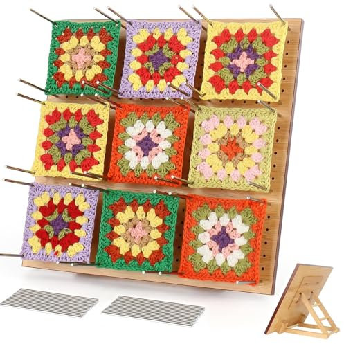 Coopay Granny Square Spanner Groß, 29 x 29 cm Blocking Board mit Verstellbare Staffelei und 30 Stabstiften, Wood Spannbrett für Granny Squares Spannen, Strick- und Häkelprojekte, Blocking Board Häkeln
