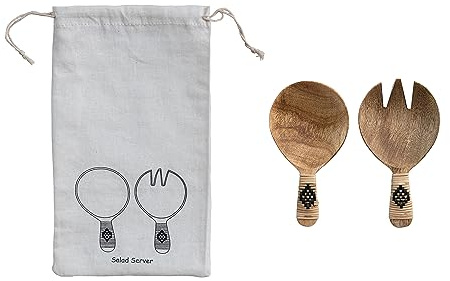 7 Inches Mango Wood Salad Servers with Bamboo Wrapped Handles and Printed Drawstring Bag, Natural and Black, Set of 2