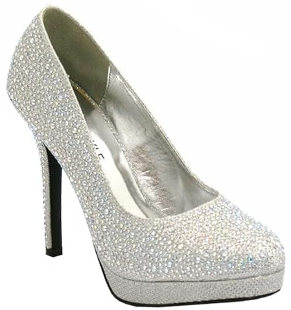 BloomFashion Womens HIGH Heel Sparkly Diamante Party Pumps - Ladies Round Toe Platform Court Shoes Wedding Bridal Glitter Heeled Pump Evening Courts Size UK 3-8