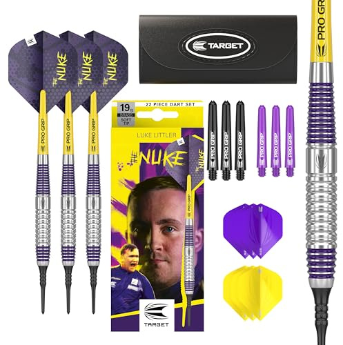 Target Darts Luke Littler Set de Dardos de Punta Blanda de Latón – Dardo de Punta de Píxel 19G, Set de Dardos The Nuke Player Edition, Plumas de Dardos, Cañas y Estuche de Dardos Incluidos