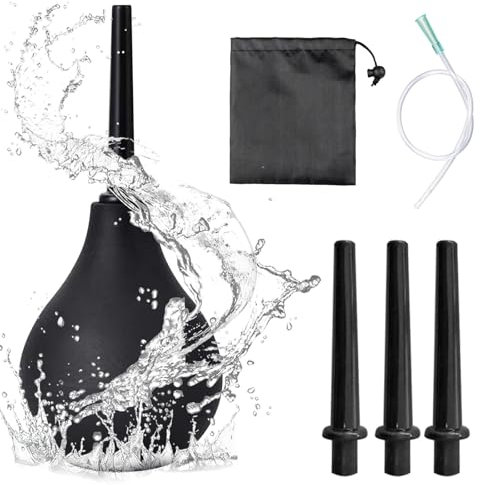 Soleeya 224ML Klistier Analdusche, Schwarze Analdusche Silikon Einlauf zur Darmreinigung Analspülung Set für Männer Frauen mit 1 X 37cm Silikonkatheter, 3 SpüLaufsätze, 1 Aufbewahrungsbeutel