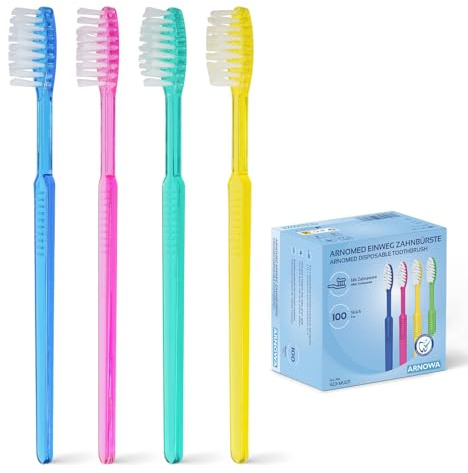 200x ARNOMED brosses à dents jetables avec dentifrice, brosses à dents emballées individuellement, rouge, bleue, verte & jaune, set de brosse à dents de voyage, y compris dentifrice au goût menthe