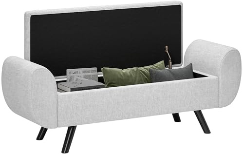 HOMCOM Panca Contenitore Fondo Letto con Braccioli, Pouf in Tessuto con Gambe in Legno e Vano da 53.8L, per Camera e Salotto, 132x42x50 cm, Grigio