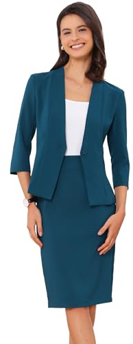 Allegra K Set Completo da Lavoro per Donna, 2 Pezzi, Ufficio, Blazer Senza Collo, Gonna a Matita, Blu lago, XL