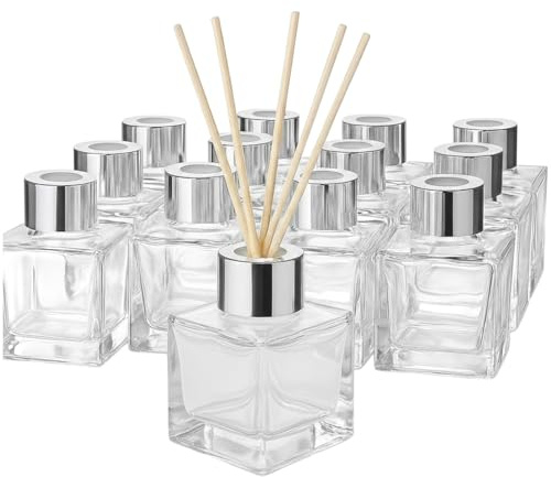 Doni Bomboniere - 10 Bottiglie vuote in Vetro da 50 ml con Bastoncini Legno per Profumatore Ambiente - Diffusori di Oli Essenziali per la Casa Bagno Salotto, Arredo Decorativi (Silver)