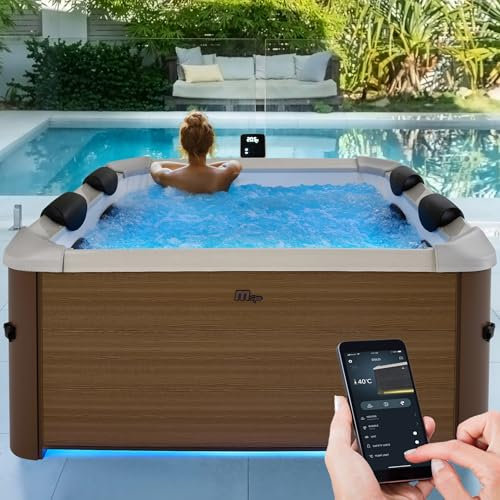 Miweba MSpa Whirlpool Outdoor | Frame Oslo Amber mit Fester Außenwand - Pool mit App Steuerung - 6 Personen Spa 160x160cm - UVC+ Wasserreinigung - Aufstellpool - Hot Tub