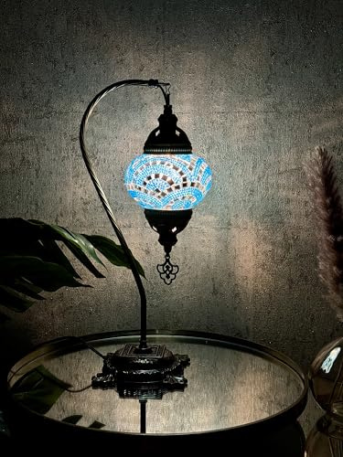 Lightza Handmade Turkish Moroccan Mosaic Desk Lamp LED Bulb | Swan Neck Unique Globe Lampshade Table Light | UK Tested Safe Energy Efficient (Blue Big)