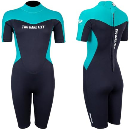 Two Bare Feet Womens Shorty Wetsuit 3/2mm Superstrech Neoprene Summer Ladies Surf Suit, Back Zip – Surfing, Paddleboarding, Open Water & Wild Swimming (M, Black/Teal)