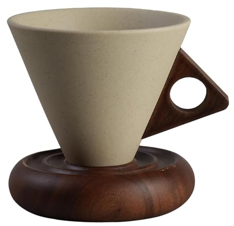 MERIGLARE Taza de Café de Cerámica con Platillo, Mango de Madera, Estilo Vintage, para Capuchinos, Fiestas, Té de, Moca, L