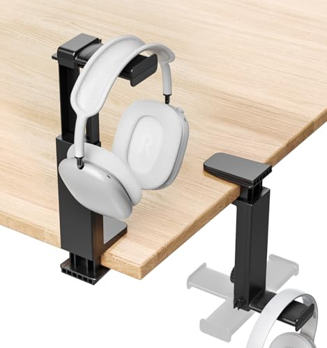 Headphone Stand & Hanger for Desk, 2 in 1 Above & Under Desk Gaming Headset Holder Mount with Height Adjustable & Rotating Clamp, Dual-sided Anti-slip Pad, Earphone Rack with Cable Clip, 1 Hooks