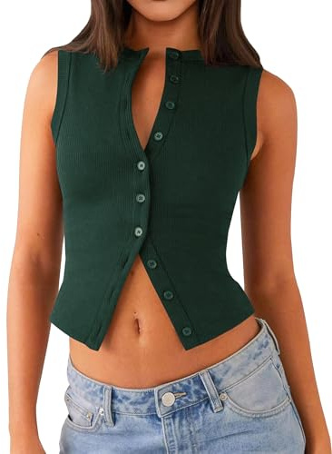 Matunana Womens Going Out Tops Summer Ribbed Tank Sexy Crop Cute Y2K Button Down Sleeveless T Shirts Casual Basic Tee Trendy Fashion Outfits Spring Clothes 2026 Emerald M