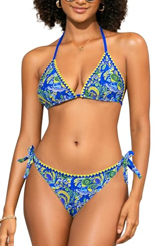 SHEKINI Women's Bikini Set Triangle Halter Tie Side Cheeky Bottom Paisley Shell Stitched Two Piece Swimsuit Boho Beach Swimwear (UK, Alpha, L, Regular, Regular, YL Blue Green)