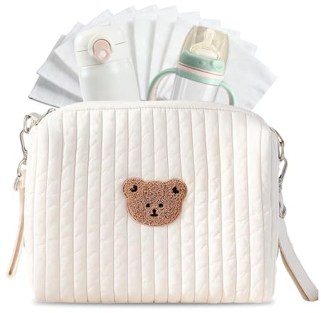 Zueyen Borsa per pannolini da viaggio, organizer universale per passeggino, con ricamo, borsa per pannolini in cotone, mini borsa per bambini e borsa per passeggino con 2 cinghie
