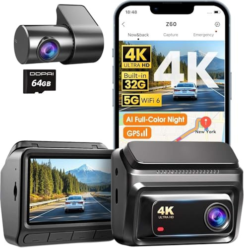 DDPAI bilkamera bil fram bak 4K 1080P med 64 GB kort, integrerad 32 GB eMMC Dash Cam, 4G LTE bilkamera med fullfärg mörkerseende, 5 GHz WiFi 6 GPS, 24/7 parkeringsöversida