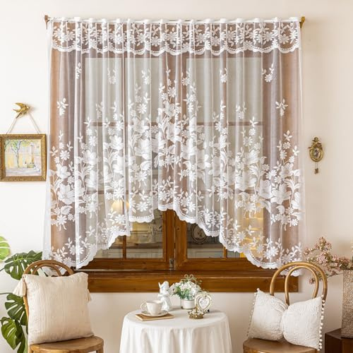 FahrtSeek Spetsgardiner, moderna bistrogardiner, vita korta gardiner, köksgardiner, lantlig stil, gardiner med öljetter, transparent dörrgardin, 1 styck (H 100 x B 160 cm)
