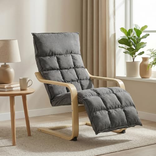 HOMCOM Accent Chair, Linen-Look Fabric Armchair with Footrest, Grey | Plush Cushion, High Back, Wide Seat, Curved Legs and Arms, Gentle Motion, Leisure Lounge Chair, Living Room, Bedroom