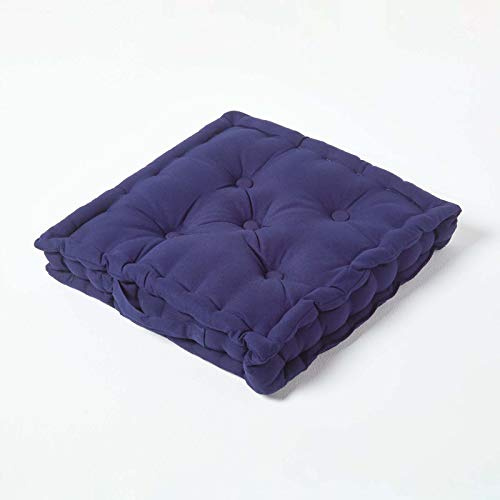 HOMESCAPES Luxury Floor Cushion Plain 100% Cotton Navy Blue 50 x 50 x 10cm, Booster Cushion Seat Chair Pad Dining Thick & Plush Garden Floor Pillow for Kids Elderly Pets Indoor Outdoor Use