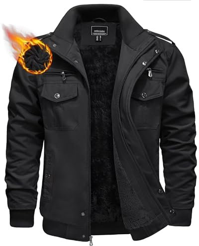 KEFITEVD Übergangsjacke Herren Fleece Gefüttert Fliegerjacke Warme Winterjacke Army Feldjacke Freizeit Winter Männer Dicker Jacke Schwarz XL