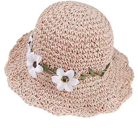 Chapeaux de Paille Filles Pliable Bonnet de Soleil avec Décoration Florale Chapeau d'été pour Enfant Plage Voyage Randonée