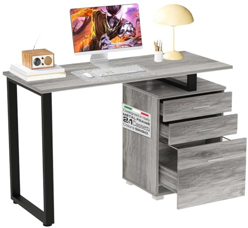 BAKAJI Scrivania con Cassettiera 3 Cassetti Tavolo da Lavoro Porta Pc Computer in Legno con Struttura in Acciaio Design Moderno 120 x 50 x 75 cm Arredamento Casa Ufficio Cameretta (Grigio)