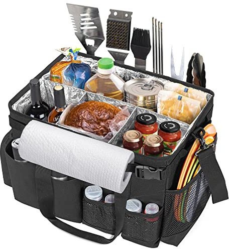 HODRANT Large Grill Utensil Caddy with Paper Towel Holder, Outdoor Picnic Bag Organizer for BBQ Supplies Tool, Tailgating Accessory Basket Camping Gear Must Haves for Cook Essentials, Black, Bag Only