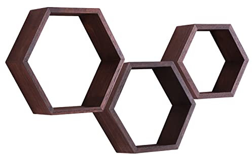 PHOENANCEE Hexagon Wandregal, Wohnzimmer Deko Wand, Holz Hängeregal für Schlafzimmer, 3er-Set(Dunkle Walnuss)