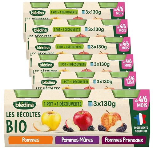Bledina Les Récoltes Bio - 1 Pommes + 1 Pommes Mûres + 1 Pommes Pruneaux, Lot de 18 pots (6 x 3 pots de 130g)
