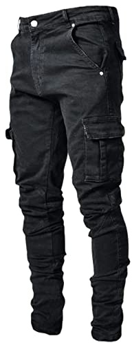 Pantaloni da moto da uomo, jeans da lavoro slim fit con tasche ulti, pantaloni in denim da lavoro resistenti, pantaloni slim fit, pantaloni elasticizzati da strada, pantaloni casual in denim, Nero , S