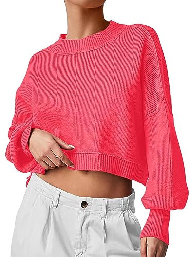 rtdgcv Knitted Jumper Women's Cardigan Lilac Women's Autumn Clothing Short Jumper Long Sleeves Round Neck Jumper Oversized Jumper Tops Blouse Women's Cardigan Black Warm, Red (watermelon red), L