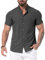 QIXING Men's Muscle Fit Shirts Wrinkle-Free Short Sleeve Casual Shirt Stretch Slim Button Down Shirt(VG Charcoal Black, L)