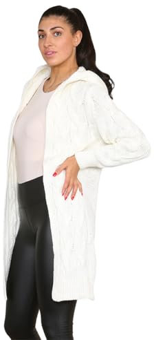 WearAll Women Ladies Cardigan Cable Knitted Oversized Long Hooded Chunky Jumper Cape Open Front Collarless Knit Top Cream Size 8-16
