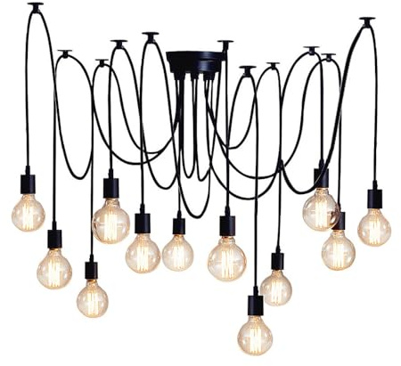 Mengjay DIY Pendelleuchte Hängelampe Retro Spinne-Stil Kronleuchter E27 Fassung Kreativ Vintage Schwarz Deckenleuchte Hängeleuchte Wohnzimmer,Restaurant,Stab,Café (12 Köpfe)