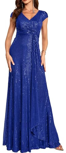 meilun RoyalblueShort Sleeve Sequin Dress for Women Formal Evening Gowns Sparkly V Neck 1920s Long Dress for Wedding Guest,S