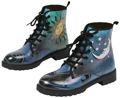Ulalaza Botas de mujer con punta redonda y tacones de bloque, botines de plataforma gótica con cordones, botas Punk, botas cortas de cuero con estampado Multicolor
