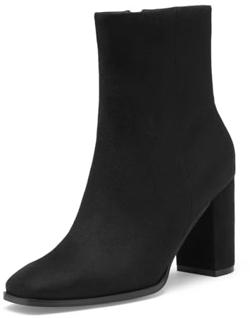 GENSHUO Stövletter med kvadratiskt tåområde för kvinnor, 8 cm hög blockklack, korta stövlar, fashionabla stövlar med dragkedja på sidan, Svart mocka, 37 EU